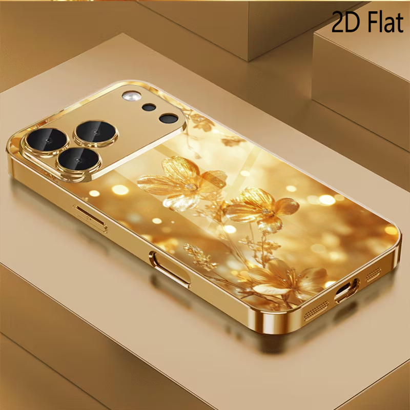 Phone Cases H&M - 골든 플라워 패턴 강화유리 디자인 아이폰16