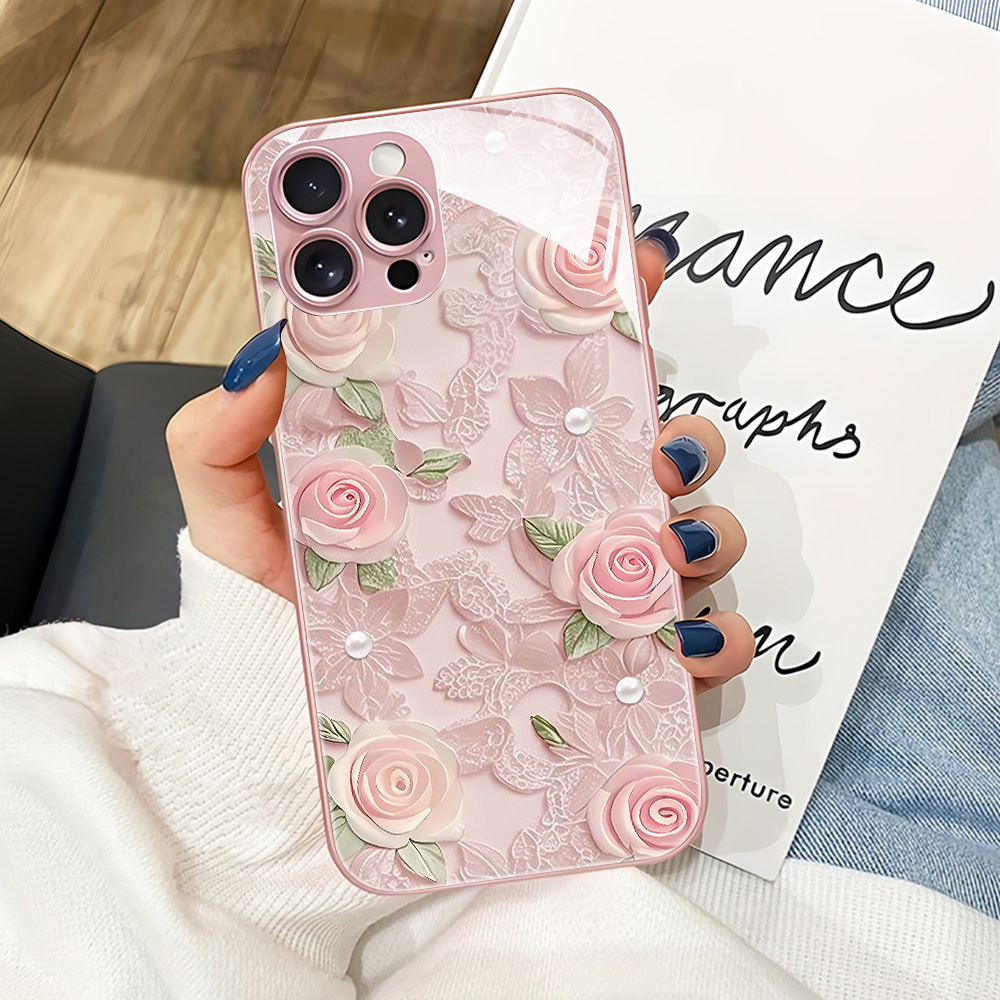 Phone Cases Pink - 핑크 플라워 강화유리 폰 케이스 삼성