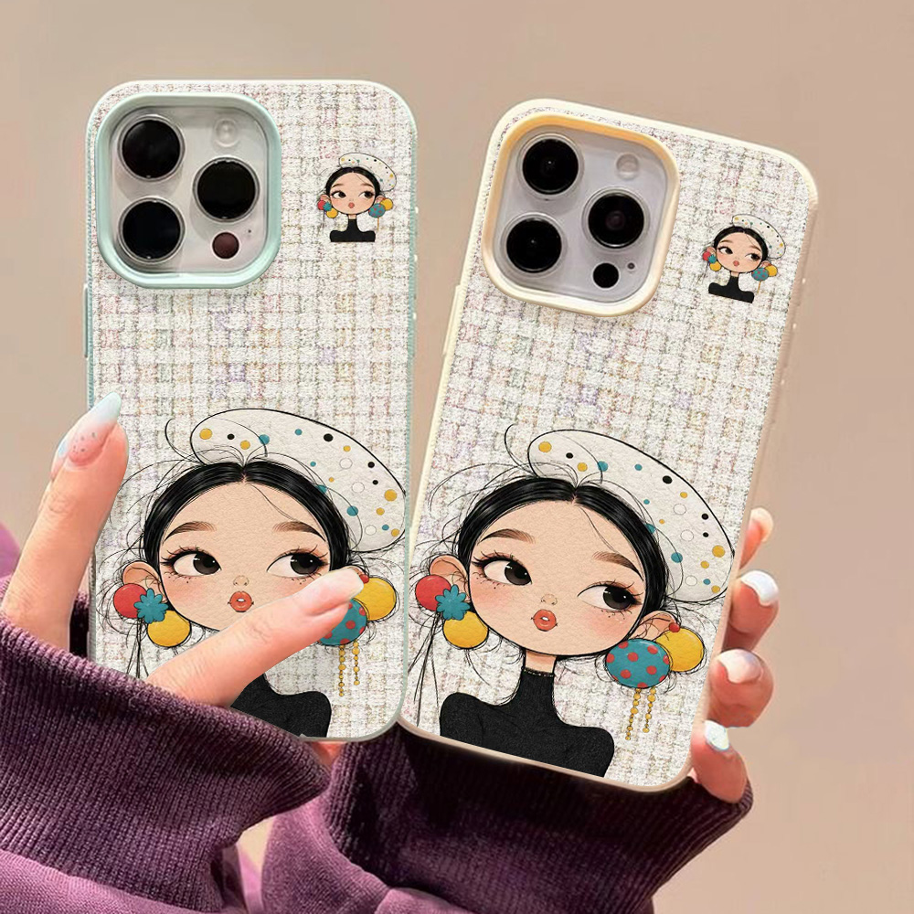Phone Cases Aesthetic - 귀여운 만화 소녀 체크무늬 프린트 폰